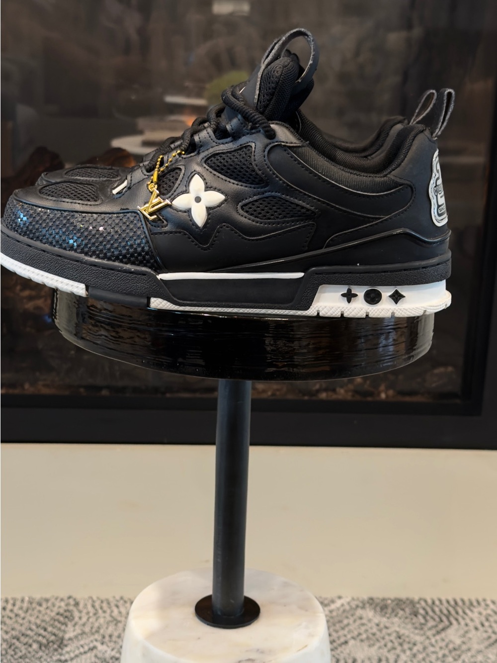 Louis Vuitton Black SkateMens size 46 Sneakers with White Accents and Gold Charm